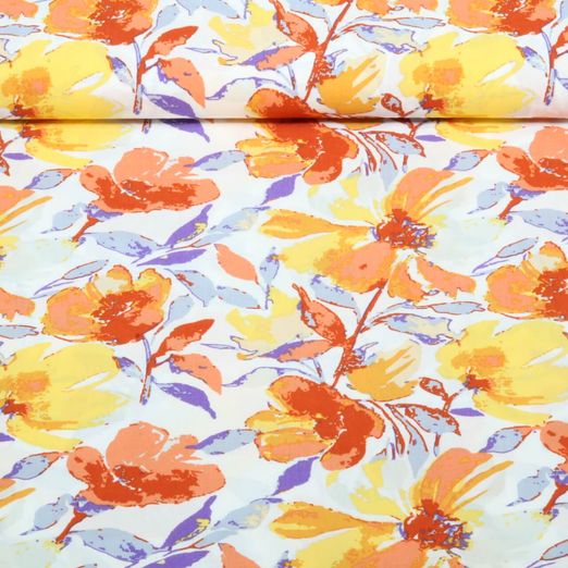 Viskose-Popeline - Blumen Weiß Orange