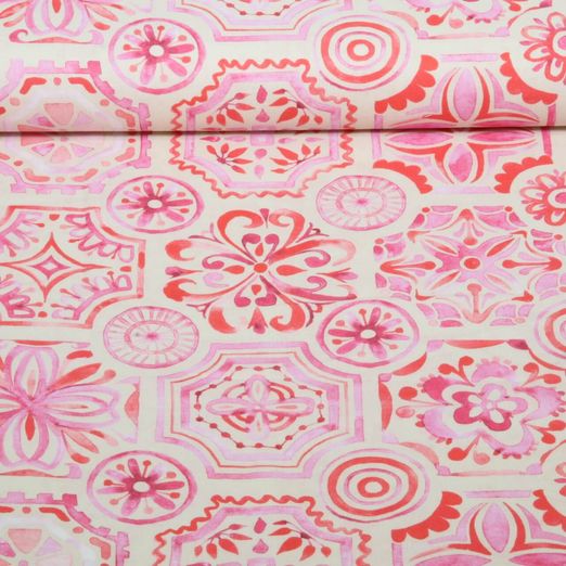 Baumwoll-Cretonne - Aqua Ornamente Blumen Beige Fuchsia