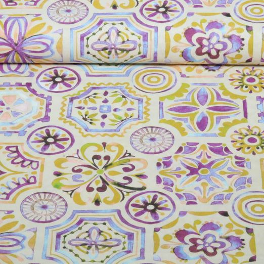 Baumwoll-Cretonne - Aqua Ornamente Blumen Beige Lila