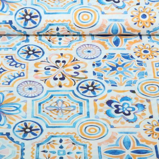 Baumwoll-Cretonne - Aqua Ornamente Blumen Weiß Orange