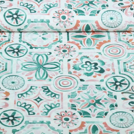 Baumwoll-Cretonne - Aqua Ornamente Blumen Weiß Grün