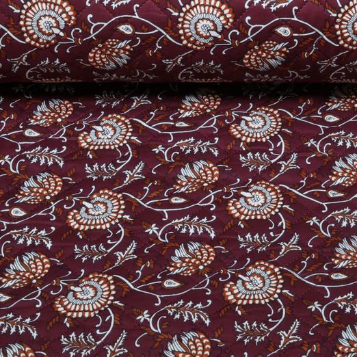 Gesteppter Jackenstoff - Doubleface Blüten & Ornamente Weinrot Wattiert