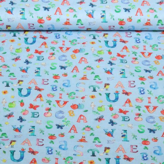 Baumwoll-Cretonne - Buntes ABC Tiere Hellblau
