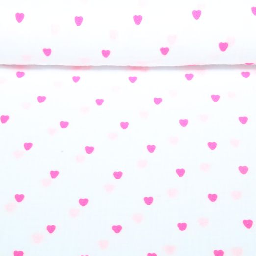 Baumwoll-Musselin - Double Gauze Herzen Neon Bestickt Weiß