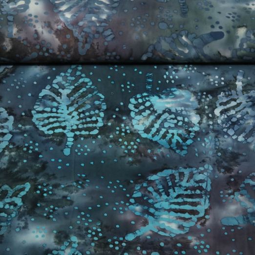 Baumwoll-Popeline - Batik Blätter Blau