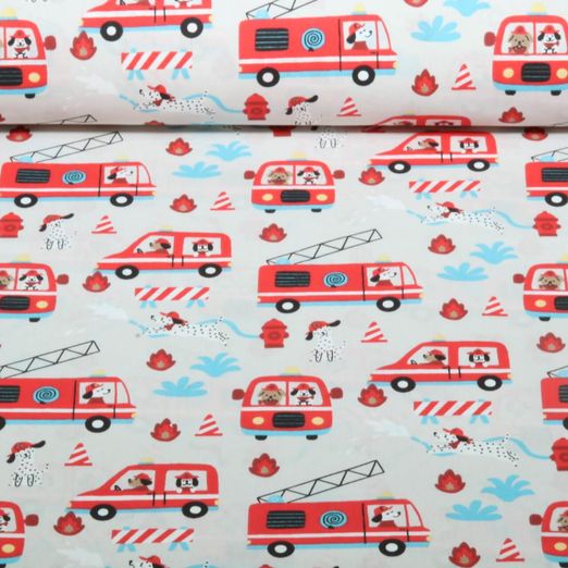 Baumwoll-Webware - Tierische Feuerwehr Grau