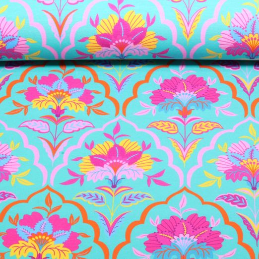 Sommersweat - French Terry Digitaldruck Folklore Blüten Türkis