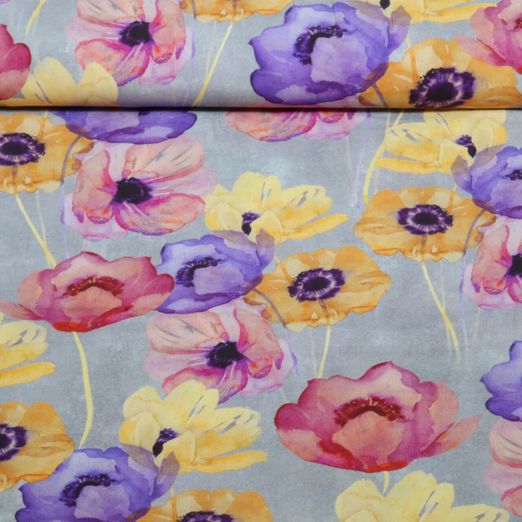 Viskose - Digital Bunte Blumen Grau