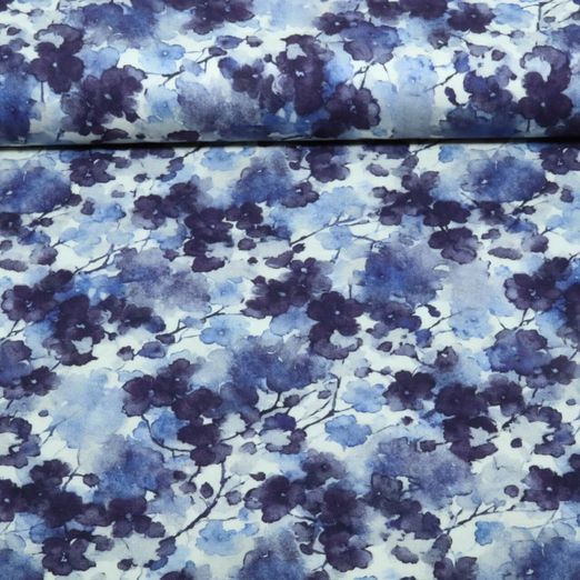 Viskose - Stretch Digital Aquarellblumen Jeansblau