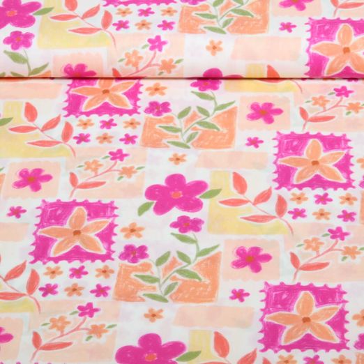 Baumwoll-Popeline - Digital Blumenpatches Ecru Fuchsia