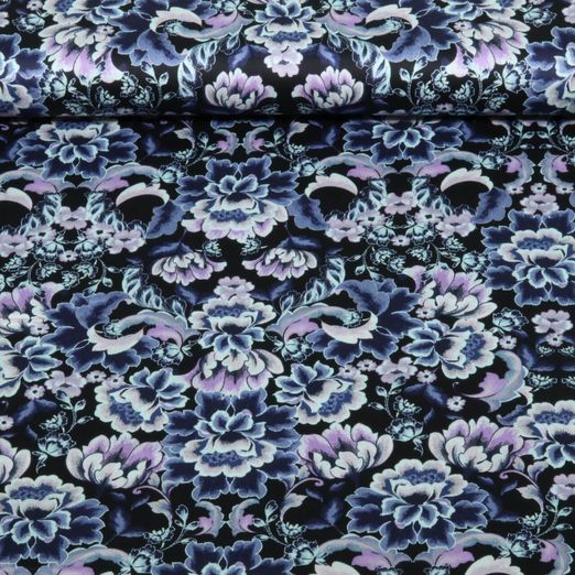 Baumwolle Satin - Digital Blumen Schwarz