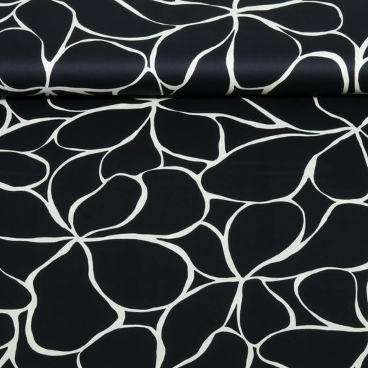 Baumwolle Satin - Große Blüten Schwarz
