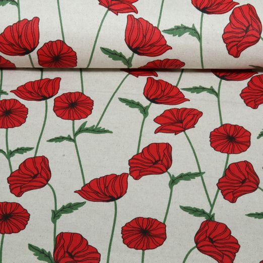 Beschichteter Canvas Leinenoptik Mohnblumen Natural