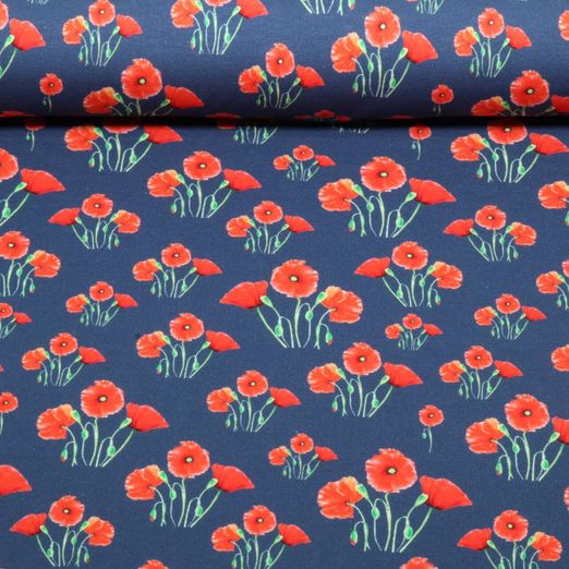Jersey - Digitaldruck Mohnblumen Jeansblau