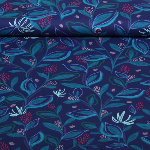 Popeline de coton - Digital branches feuillues Bleu marine foncé