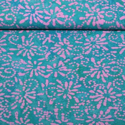 Coton tissé - Batik fait main Fleurs Bleu pétrole