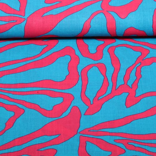 Baumwoll-Viskose Leinenoptik - Große Blüten Petrol