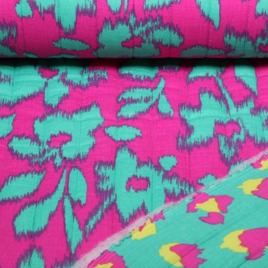 Gaze de coton matelassée - Doubleface Fleurs Vert Impression sur film