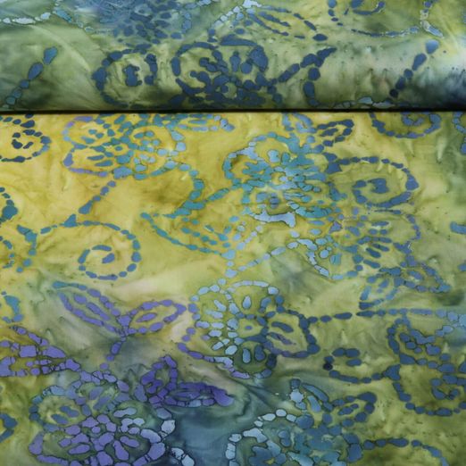 Coton tissé - Batik fait main Fleurs Vert