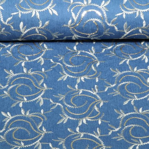 Tissu jeans pantalon - Stretch feuilles brodées paillettes Bleu indigo