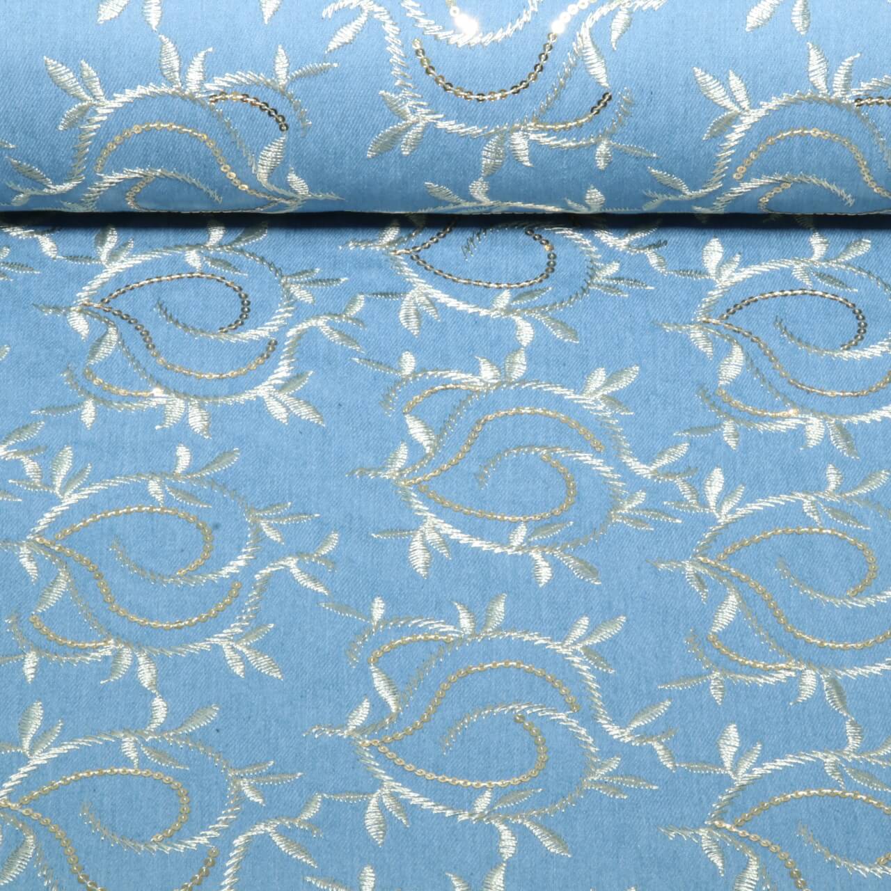 Tissu jeans pantalon - Stretch feuilles brodées paillettes Bleu indigo-0 Tissu jeans pantalon - Stretch feuilles brodées paillettes Bleu indigo-0