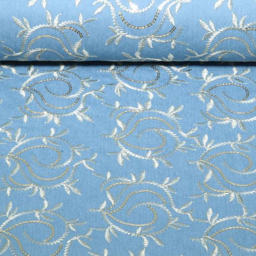 Tissu jeans pantalon - Stretch feuilles brodées paillettes Bleu indigo Tissu jeans pantalon - Stretch feuilles brodées paillettes Bleu indigo
