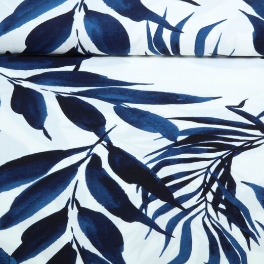 Viskose-Popeline - Blätter Weiß Blau