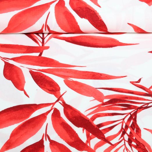 Viskose-Popeline - Blätter Weiß Rot