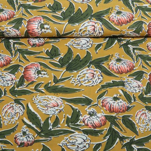 Baumwoll-Webware - Blockdruck Handgefertigt Blumen Ocker