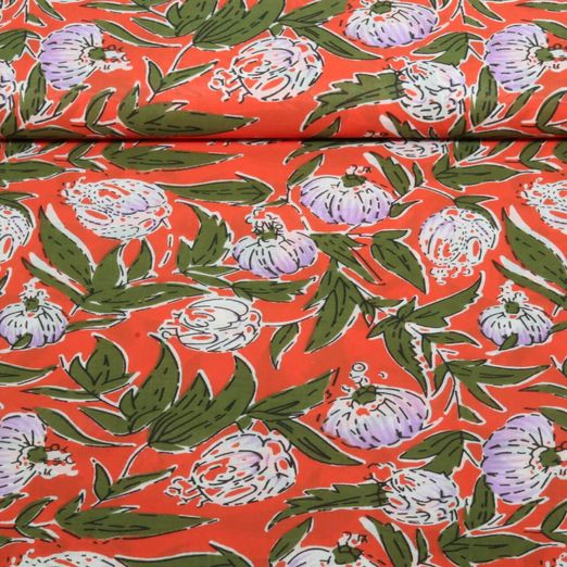 Baumwoll-Webware - Blockdruck Handgefertigt Blumen Hellrot