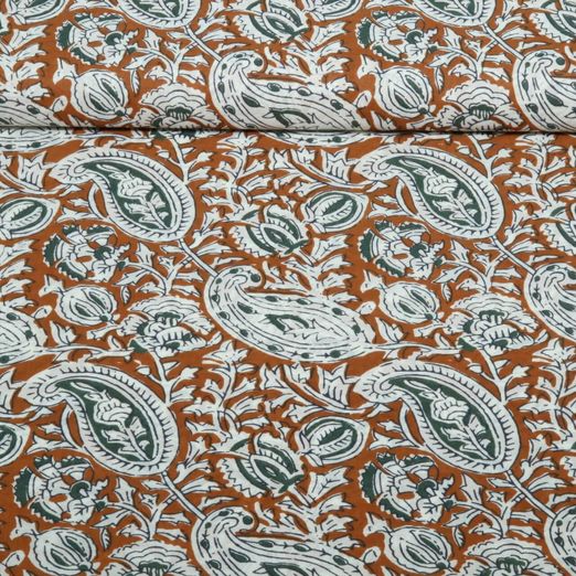 Coton tissé - Impression en bloc Fait main Paisley Cognac