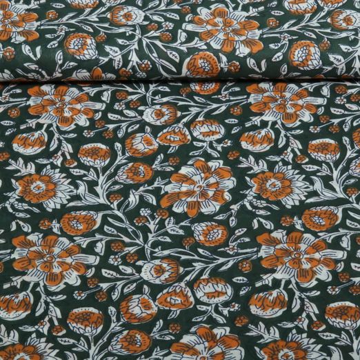 Baumwoll-Webware - Blockdruck Handgefertigt Blumen Grün