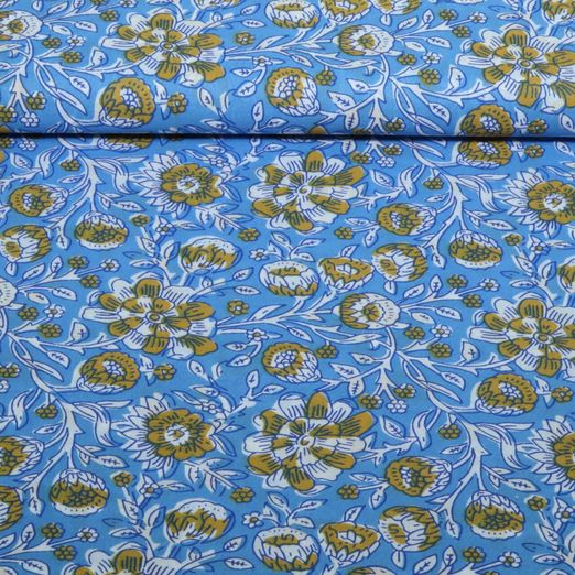 Baumwoll-Webware - Blockdruck Handgefertigt Blumen Blau