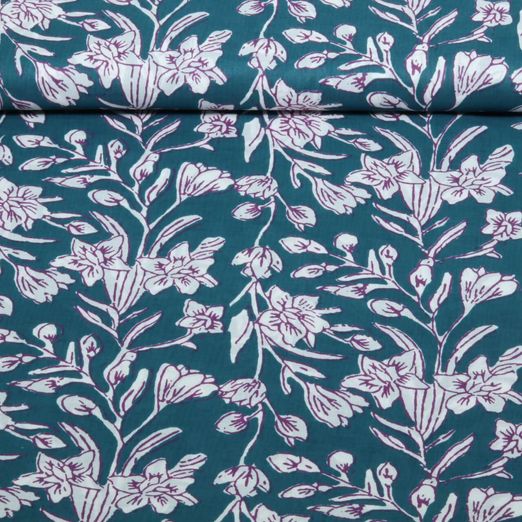 Baumwoll-Webware - Blockdruck Handgefertigt Narzissen Petrol