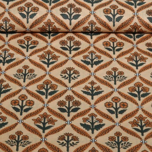 Coton tissé - Imprimé à la main Fleurs Rétro Sable