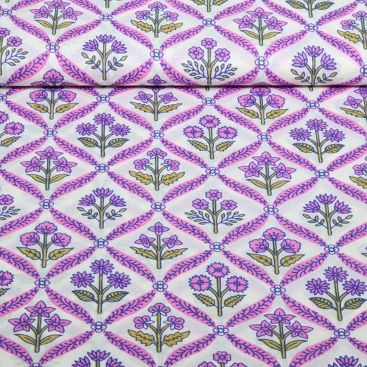 Coton tissé - Imprimé à la main Fleurs Rétro Blanc