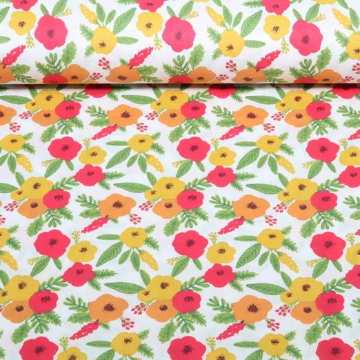 Coton tissé - Fleurs Multicolores Blanc