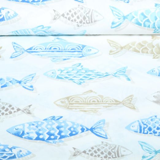 Baumwoll-Webware - Große Fische Weiß