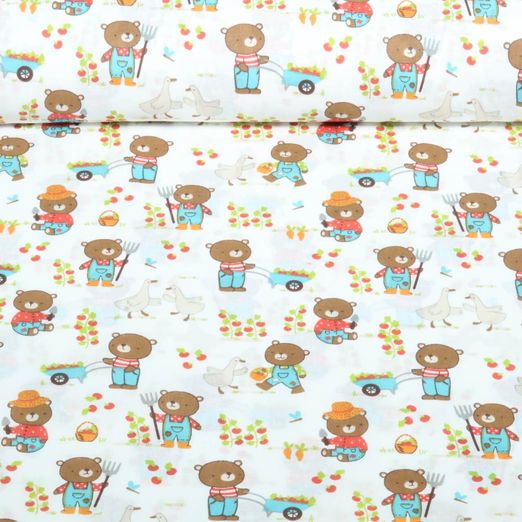 Baumwoll-Webware - Bär im Garten Weiß