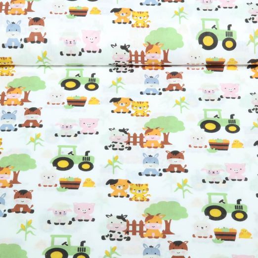 Baumwoll-Webware - Lustige Bauernhoftiere Weiß