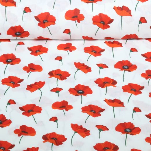 Baumwoll-Webware - Mohnblumen Weiß