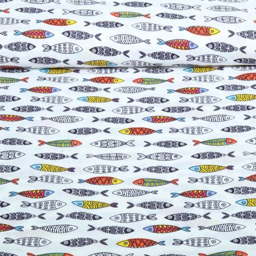 Baumwoll-Webware - Bunte Fische Weiß