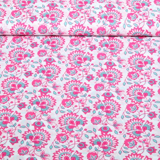 Voile de coton - Collection Enjoy Fleurs Blanc Rose Voile de coton - Collection Enjoy Fleurs Blanc Rose