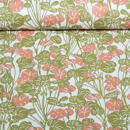 Baumwoll-Webware - Blumen und Blätter Weiß