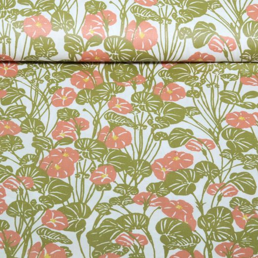 Coton enduit - Fleurs Et Feuilles Blanc Coton enduit - Fleurs Et Feuilles Blanc