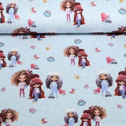 Sommersweat - French Terry Digital Puppen Hellblau