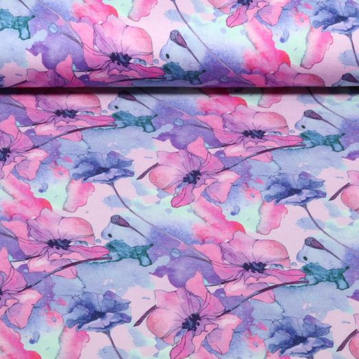 Bambus Viskosejersey - Digital Blüten Aquarell Rosa Bambus Viskosejersey - Digital Blüten Aquarell Rosa