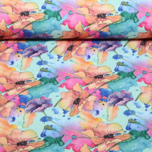 Bambus Viskosejersey - Digital Blüten Aquarell Mint