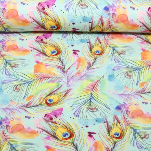 Bambus Viskosejersey - Digital Pfauenfedern Mint