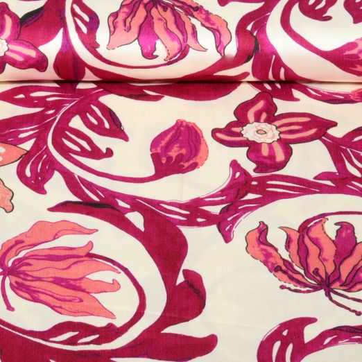 Viskose Satin - Digital Große Blätter Blüten Ecru Beere Viskose Satin - Digital Große Blätter Blüten Ecru Beere